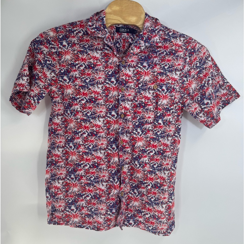 Boca Classics Mens Large Red White Blue Firework Print Button Down Shirt Cotton